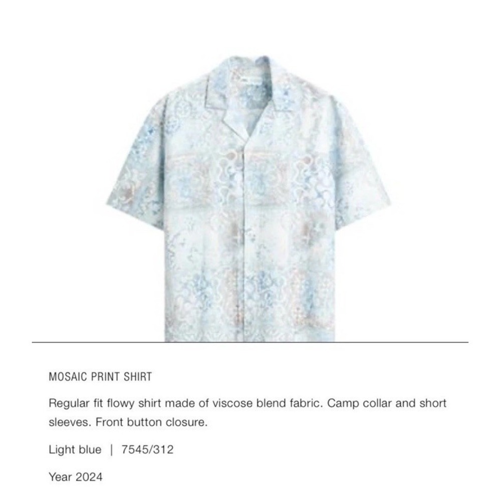 Zara Men Mosaic Print Button Down Shirt‎ Short Sleeve Camp Blue Size Medium